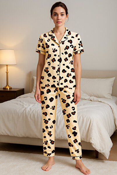 BELLA NOTTE Set pijamale de vară cu nasturi imprimate leopard