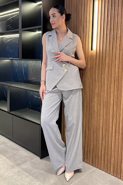 GÜLSELİ Gray Double Breasted Collar Lined Vest Trousers Double Suit