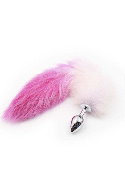 WildFashion Metal anal plug (Butt Plug) with long colored fox tail, pink and fuchsia TOY399-55