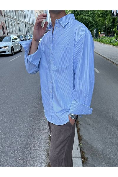 King Brothers Ανδρικό πουκάμισο Μπλε λεπτές ρίγες Loose Fit Βαμβακερές τσέπες Καλοκαιρινό πουκάμισο μακρυμάνικο