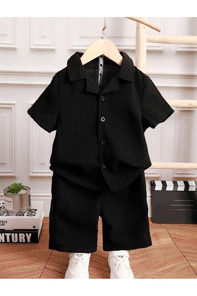 Bubito V-Neck Shirt Detailed Cotton Waffle Shorts Set-Black