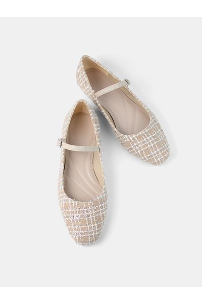 MAGGIO Beige Tweed Fabric Women's Ballerina Ballet Shoes Narrow Fit Buy One Size Large
