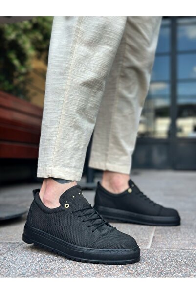 BOA BA0152 Bağcıklı Yüksek Taban Siyah Keten Siyah Taban Erkek Ayakkabı