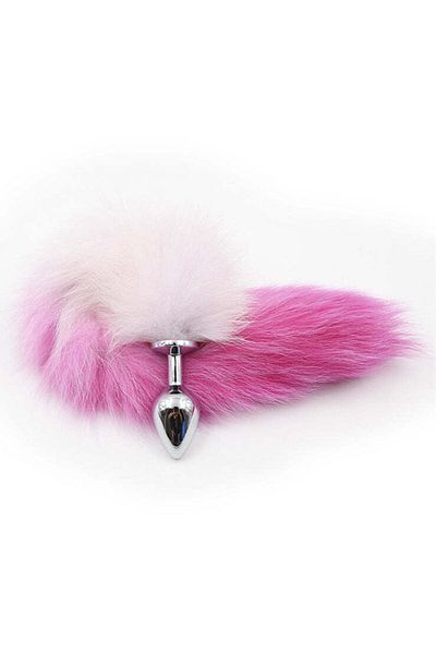 WildFashion Metal anal plug (Butt Plug) with long colored fox tail, pink and fuchsia TOY399-55