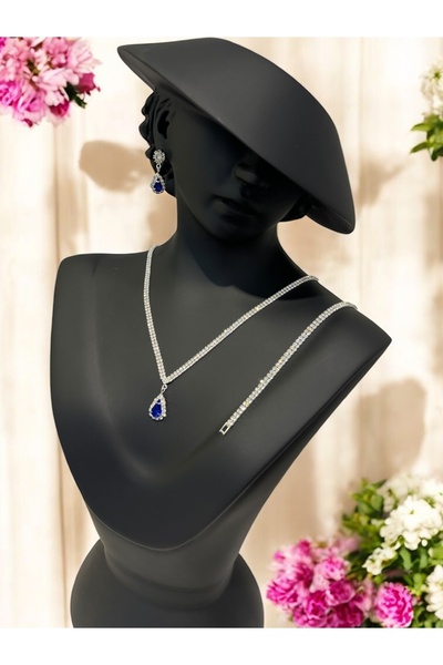 BEREN KILIÇ مجموعة مجوهرات من حجر الكريستال الأزرق الوردي، قلادة وأقراط وسوار...