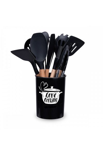 KRASINO Set de tacâmuri de bucătărie Love Cooking de Krasino, negru, silicon, lemn, metal, 12 piese
