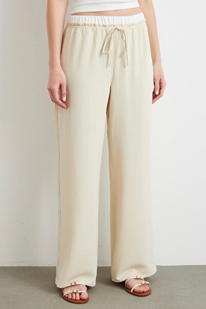 Never more Waist Banded Wide Leg Trousers Cream