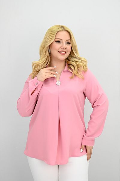 Koza Butik Women's Plus Size Shirt Collar Brooch Detailed Blouse 0032-25