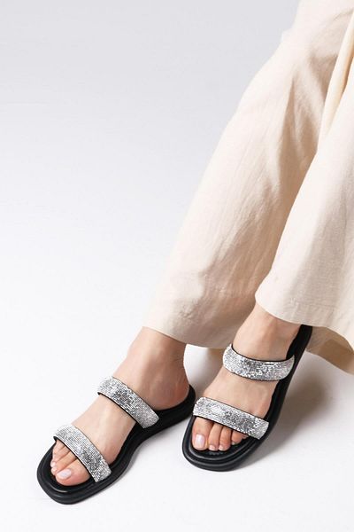 Mio Gusto Regina Black Color Double Banded Stone Women's Flat Slippers
