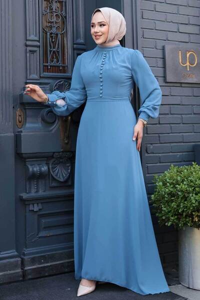 Neva Style Button Detailed Indigo Blue Hijab Dress 2703Im