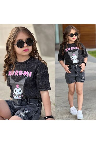 Uğur bebe Girl's Anthracite Color Kuromi Denim Shorts with Team Wash Pockets Denim Shorts Anthracite Kuromi T-Shirt