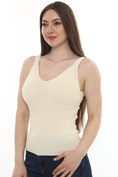 monox Γυναικεία Μπλούζα V Neck Seersucker Κεντημένη Καλοκαιρινή Πλεκτή Μονό