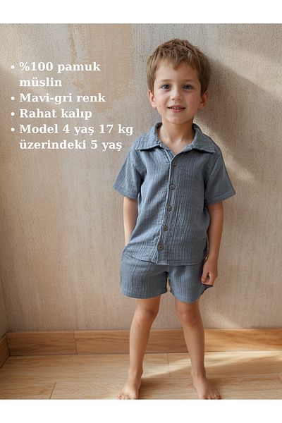 azecekids Muslin Blue Grey Color Boy Short Sleeve Shirt Shorts 100% Cotton Bottom Top Twinset