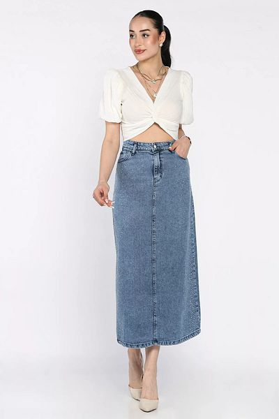 GÜLSELİ Fusta din denim brodată cu piatră albastră pentru femei