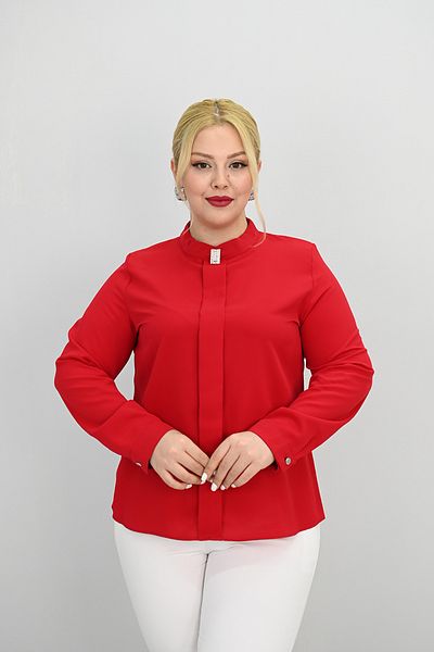 Koza Butik Women's Plus Size Judge Collar Stone Brooch Detailed Blouse 0034-25