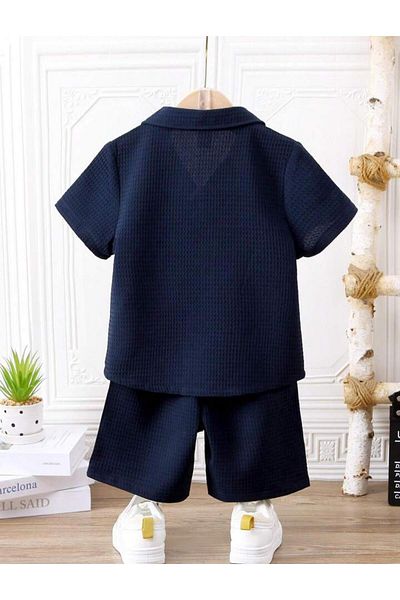 Bubito V-Neck Shirt Detailed Cotton Waffle Shorts Set-Navy Blue