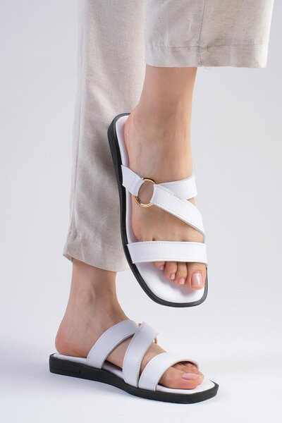 Mio Gusto Γυναικείες ίσιες παντόφλες λευκές γνήσιες δερμάτινες μπλούζες