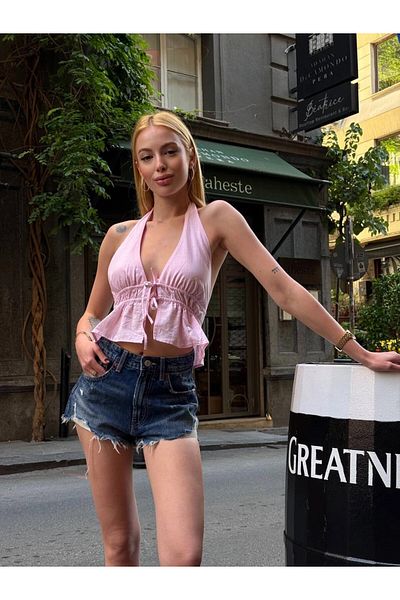 hazelin Γυναικεία ροζ λαιμόκοψη εξώπλατη λινό μπλούζα HZL24S-ZK11081