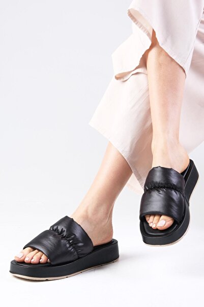 Mio Gusto Marina Black Color Blunt Toe Gathered Puff Banded Papuci plati pentru femei