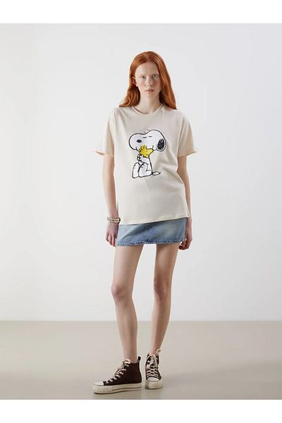 LC Waikiki Xside Snoopy Printed Women's T-Shirt Beige Crew Neck
