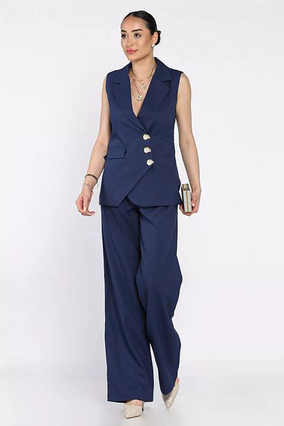 GÜLSELİ Navy Blue Double Breasted Collar Lined Vest Trousers Double Suit
