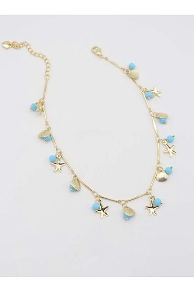MODA Gold Color Mussel and Starfish Summer Women's Steel Anklet – Turquoise Beaded