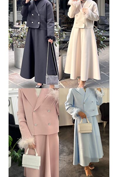 Uçan Fil Pembe Tasarım Ceket Etek Rose İkili Tesettür Takım