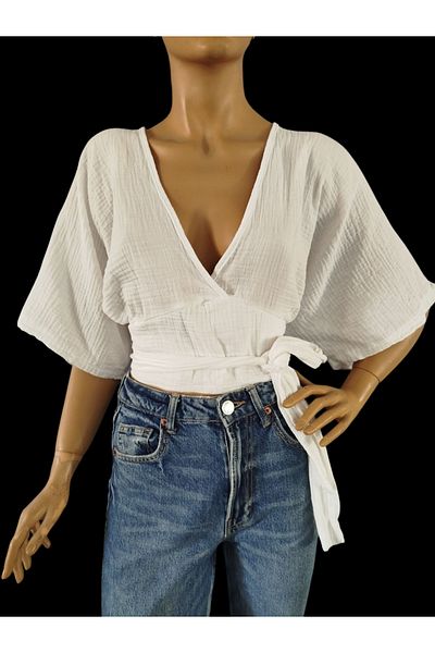 estewoman Muslin V-Neck Tie-Up Blouse