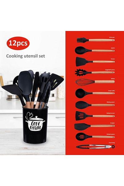 KRASINO Set de tacâmuri de bucătărie Love Cooking de Krasino, negru, silicon, lemn, metal, 12 piese