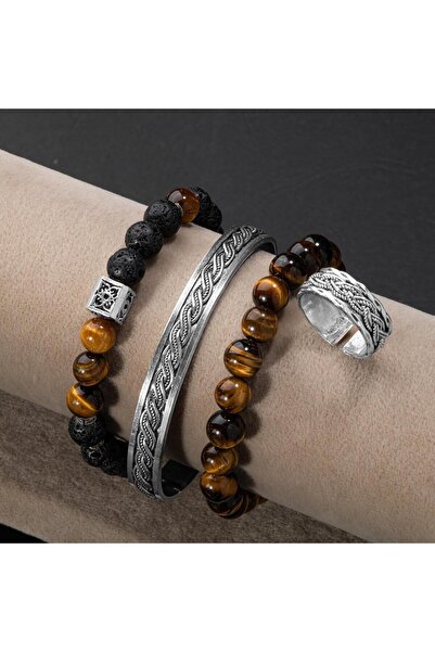 OSMANLI DOĞAL TAŞ Kaplan Gözü-Lav Taşı-Hematit Doğal Taş Telkari Gümüş Bileklik Yüzük Seti