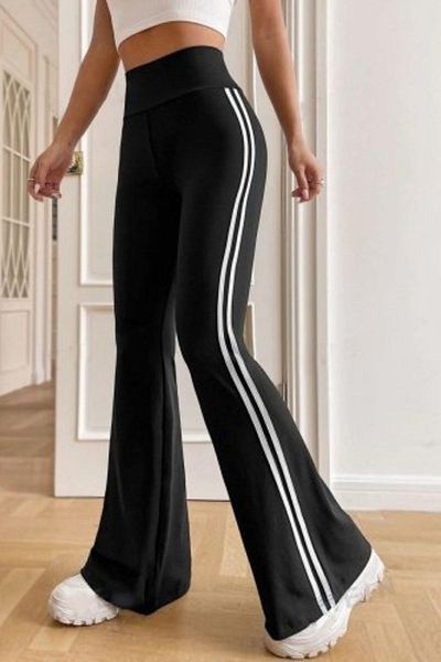 Mossta High Waist Stripe Detail Spanish Leg Diver Pants - Black