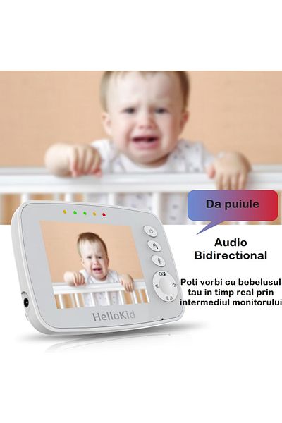 Smart Vibe Baby Monitor Wifi Hellokid™ Se-3m Auto Night Vision, Temperatura/umiditate, Mod Eco, Zoom, Melodii