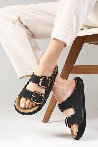 Mio Gusto Black Celia Double Striped Women's Slippers
