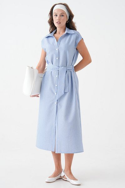Saade Blue Striped Zero Sleeve Belted Woven Dress