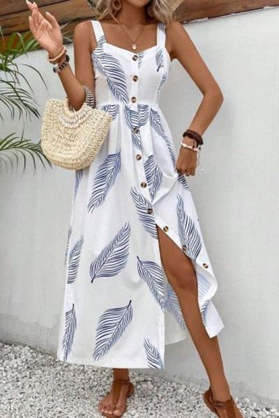 Mossta Long Single Jersey Dress with Thick Strap Button Detail - Blue