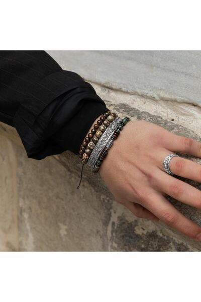 OSMANLI DOĞAL TAŞ Hint Akik-Bronzit-Meksika Jasper-Hematit Doğal Taş Telkari Gümüş Bileklik Yüzük Seti