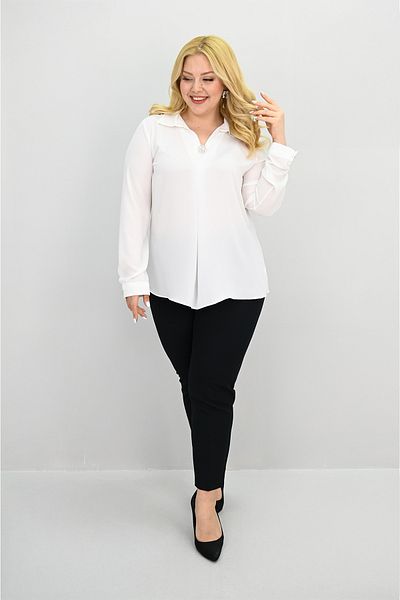 Koza Butik Women's Plus Size Shirt Collar Brooch Detailed Blouse 0032-25