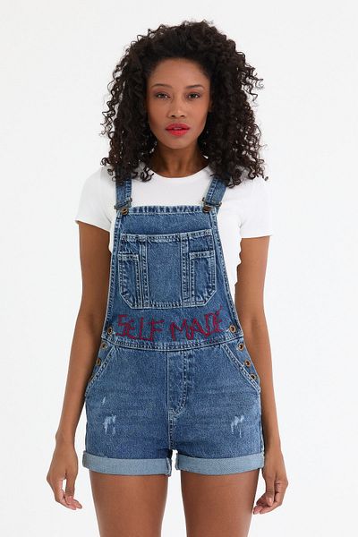 cracpot Women's Blue Embroidered Cotton Denim Shorts Salopet