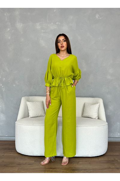 Nesil Women's Linen Suit with Pleated Pants and Half Sleeves