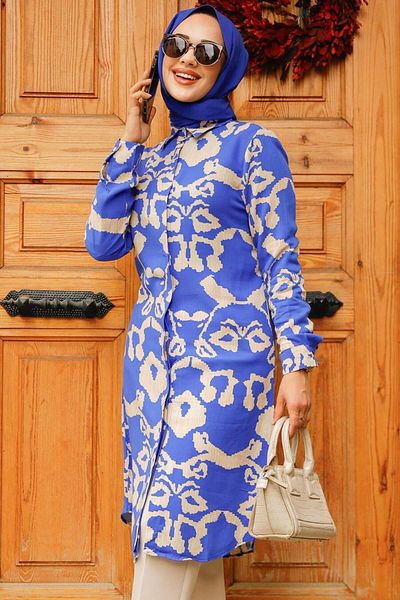 Neva Style Patterned Sax Blue Hijab Tunic 11685SX
