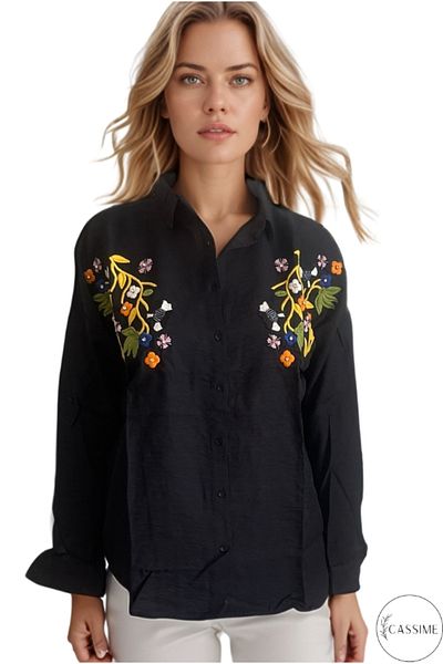 Cassime Cămașă neagră pentru femei, cu broderie de mărgele florale, cu nasturi brodate