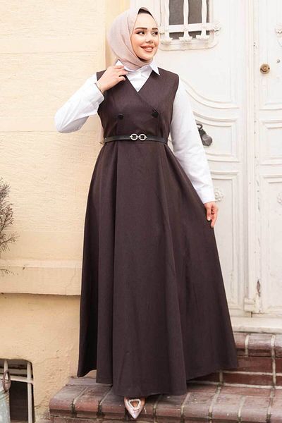 N.S NEVA STYLE Σκούρο Καφέ Φόρεμα Hijab Gilet 30284kkh