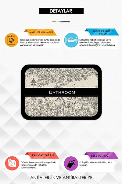 Argento Machine Washable Non-Slip Base Modern Patterned Black 2-Piece Bath Mat Set 60X90+40X60
