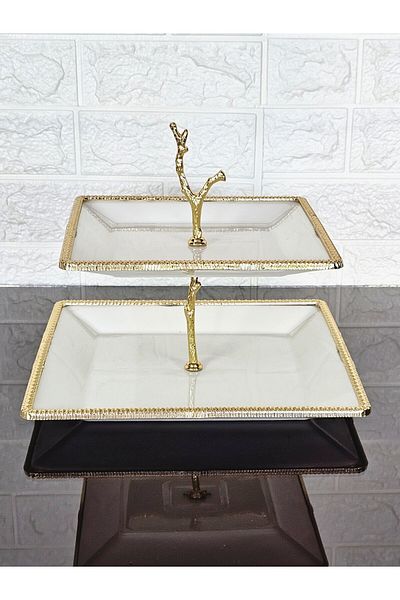 atabey home Porcelain Square Casting Gold Frame 2-Layer Cookies Bowl Simple 22+27 cm