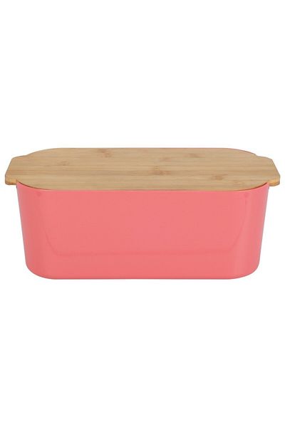 Excellent Houseware Brott bread box, coral red, plastic, bamboo lid, 33 x 18.5 x 12 cm