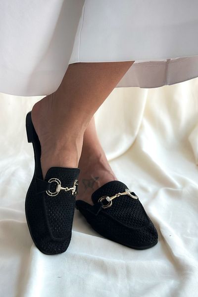 Shoebutik Capri Black Buckle Detail Women's Slippers