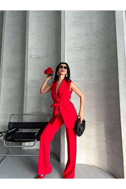 Bella Breeze Kadın Şal Yaka Kuşaklı Yelekli Palazzo Pantolonlu Takım Elbise