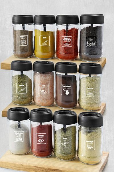 Kitchen Life 12 Pieces Glass Spice Rack Set with Lid and Spoon - 300 ml