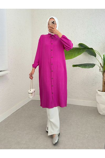 Modamorfo Long Crinkle Tunic with Buttons and Elastic Sleeves - Fuchsia