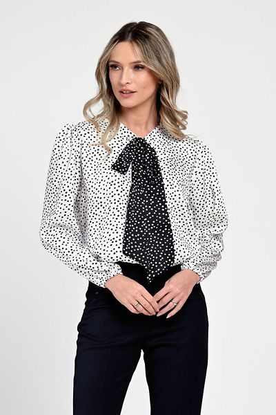 Eranthe Women's Satin Blouse, White with Black Dots, Elegant with Bow V305
